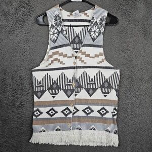 Clock House Womens‎ L Aztec Geometric Fringe Button Front Cotton Vest White Grey